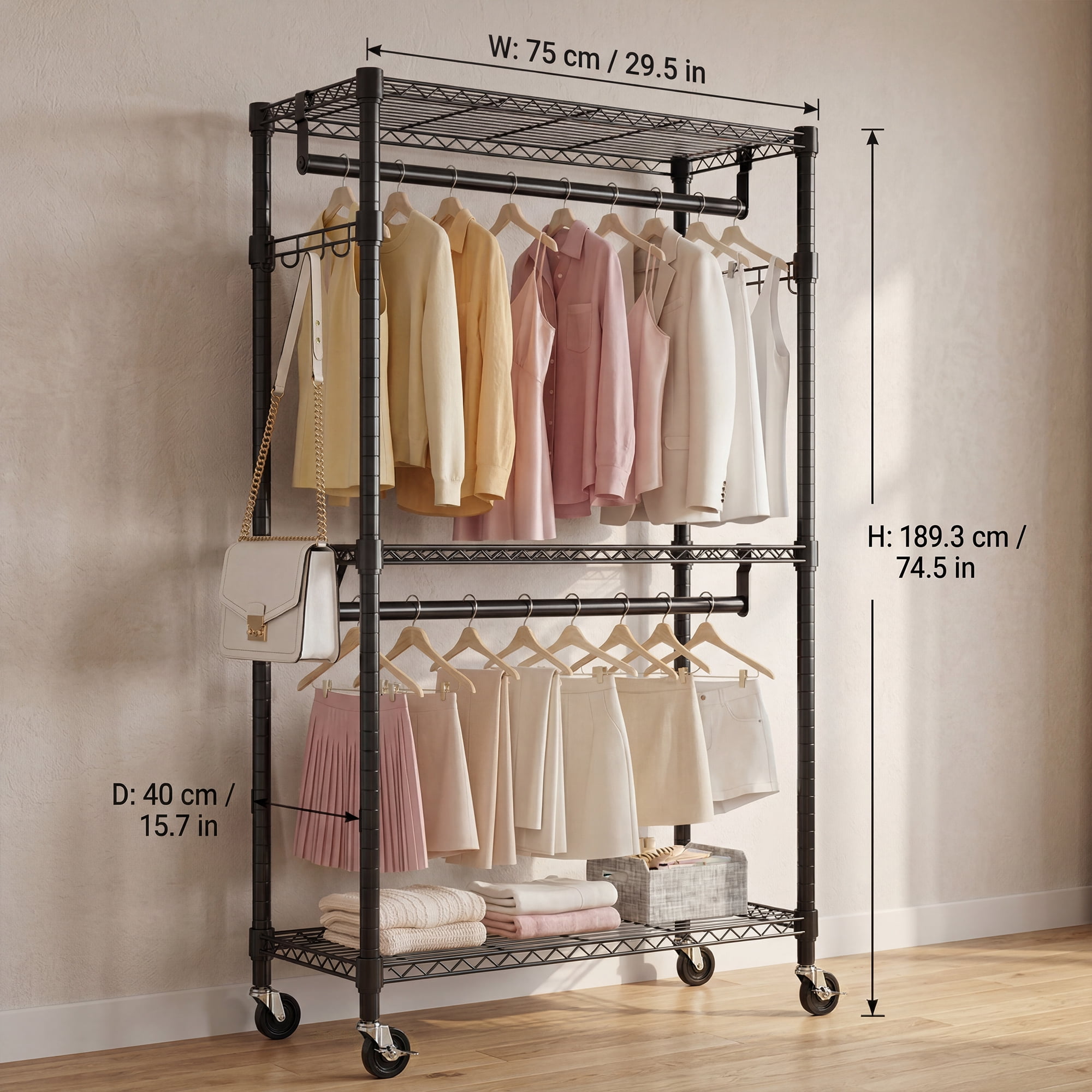 Heavy Duty Closet Garment Rack,3-Tier Adjustable Metal Freestanding Clothes Rack with 2 Rods and Side Hooks,Wheels,15.7" D x 29.5" W x 74.5" H,Black