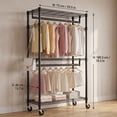 thumbnail image 5 of Heavy Duty Closet Garment Rack,3-Tier Adjustable Metal Freestanding Clothes Rack with 2 Rods and Side Hooks,Wheels,15.7" D x 29.5" W x 74.5" H,Black, 5 of 8