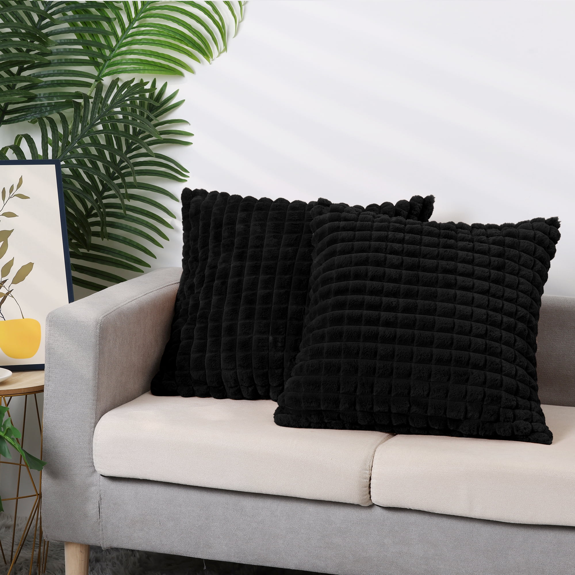 Unique Bargains Checkered Faux Fur Plush Throw Pillow Covers Decorative Pillowcases 2 Pcs Black 20" x 20"