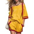 thumbnail image 3 of Women Color Block Off Shoulder Short Sleeve Top and Drawstring Shorts 2 Piece Outfit Set Yellow XXL, 3 of 9