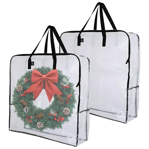 ACDANC 2Pcs Wreath Storage,Transparent Wreath Storage Container,Double Zipper Christmas Storage Christmas Ornament Storage,26x26x8.7",Black