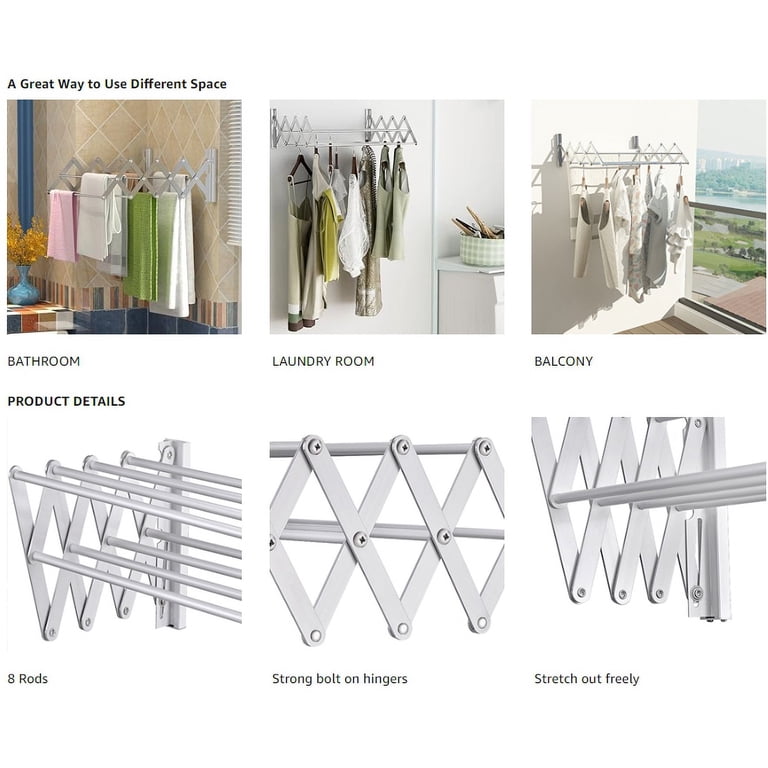 Staggered Rod Wall Drying Rack Wall Mounted Clothes Drying Rack – Expandable ...