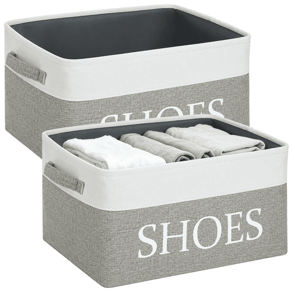 2 Pcs Fabric Shoe Basket, Shoe Organizer for Entryway, 15.7 x 10.6 x 9.4 in Collapsible Storage Bin with Handles, Cotton Linen Waterproof Totes for Shoes Clothes