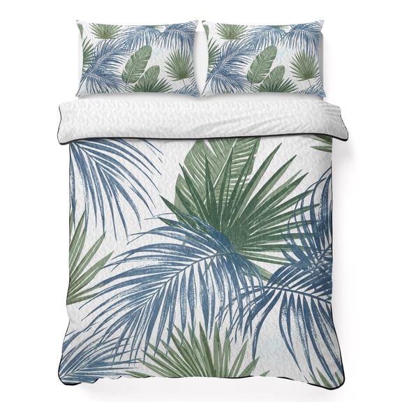 Quilts King Size Bedding Set, Blue Green Palm Leaves Lightweight Quilted Comforter, Seaside Tropical Summer Botanical Soft Reversible Bedspread Coverlet with Pillow Covers for All Season, 96" x 106"