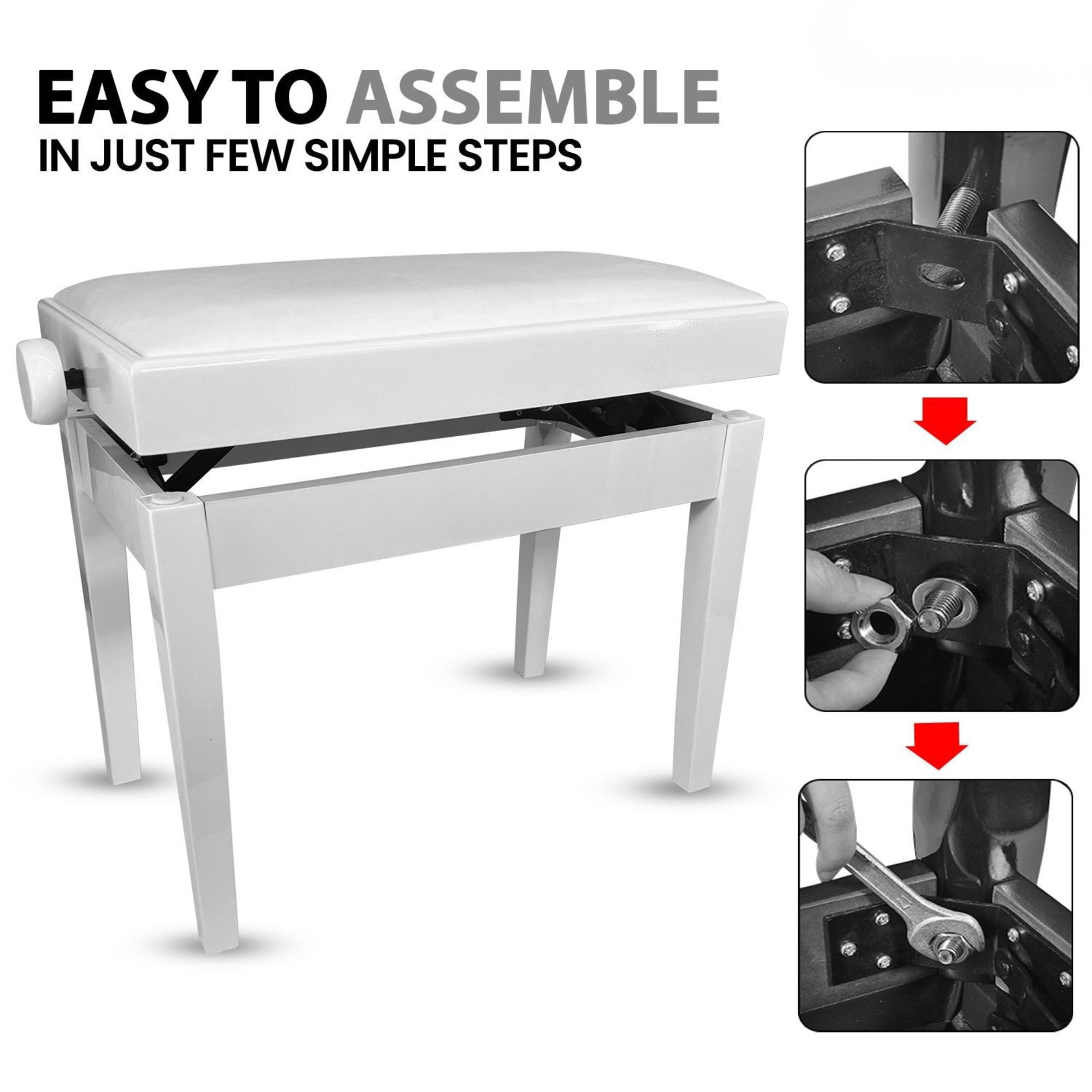 Adjustable Piano Bench - Padded Solid Wood Keyboard Stool (18"-22") - White