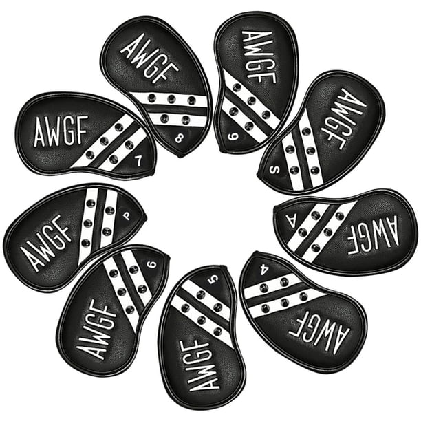 Paquete de 9 fundas para cabezas de hierro de golf con cuñas numeradas, funda protectora para cabeza de palo Negro