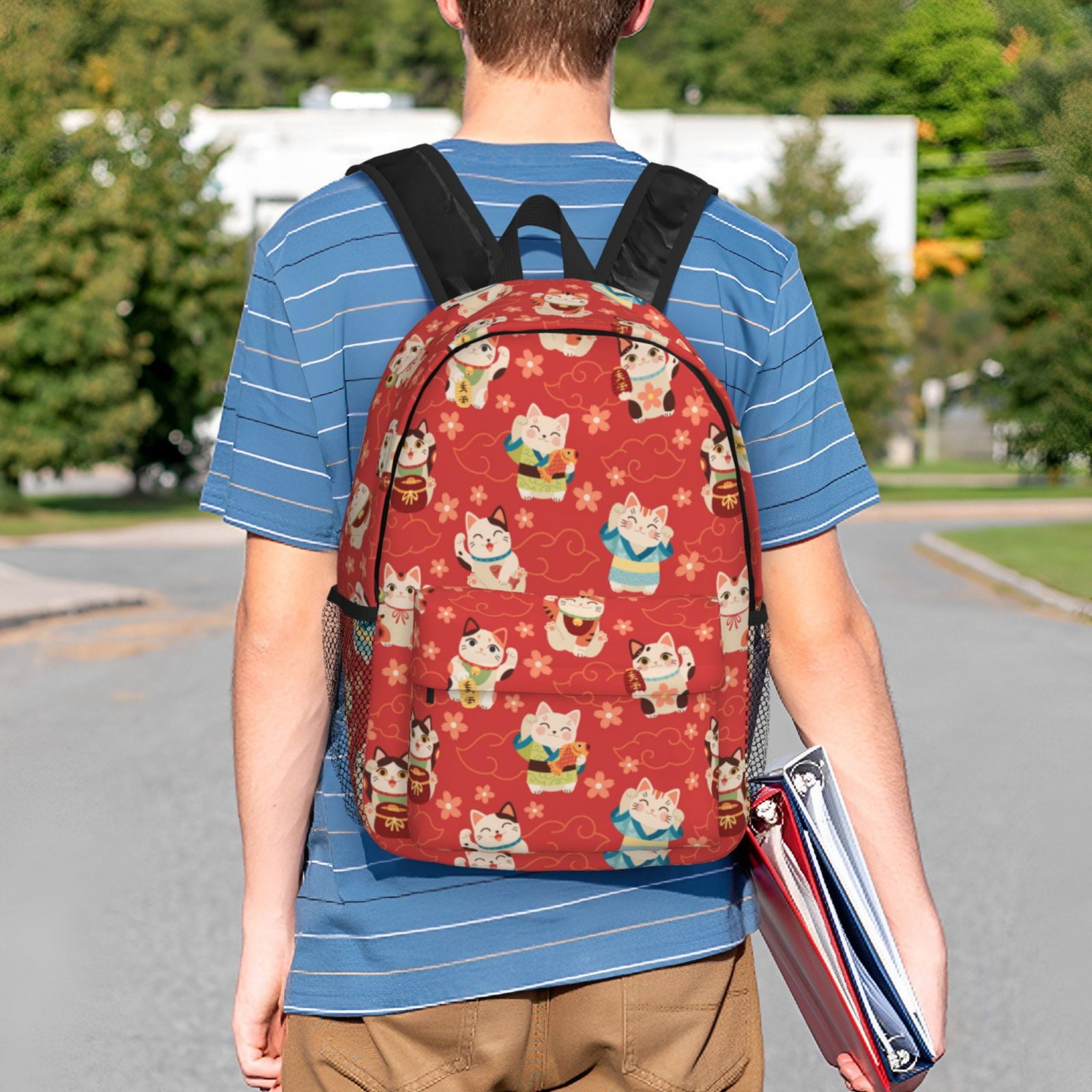 Rateoe Japanese Maneki Cats Pattern Student Backpack Water-resistant Backpack 15-inch Laptop Backpack Lightweight Adjustable School Backpack
