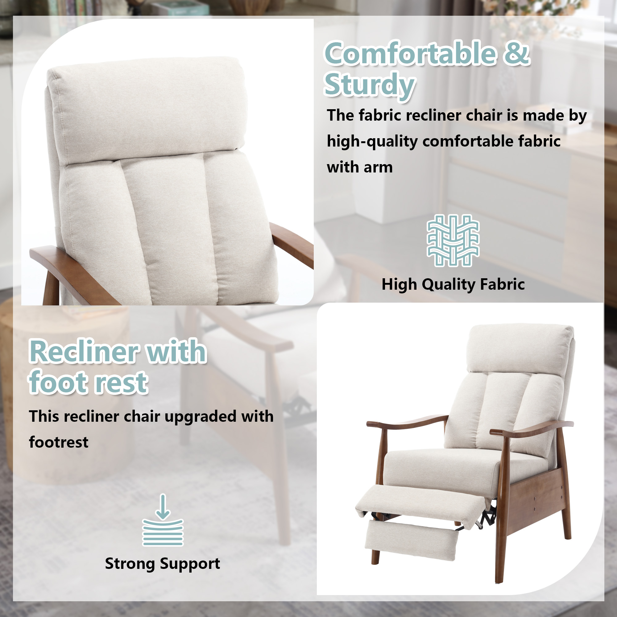 MOONMISS Linen Upholstered Wood Frame Adjustable Recliner Lounge Armchair for Living Room-Beige