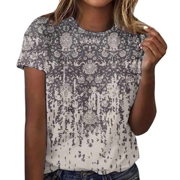 Camisetas De Manga Corta Camiseta informal para mujer, cuello redondo, retro, floral, elegante, de moda, uso diario (negro L) Ygjytge para Mujer Negro T M