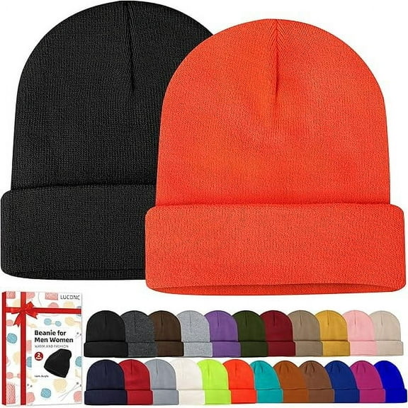 Beanies for Men Women 2 Pack Fall Winter Men's Hats Unisex Warm Knit Skullies Beanies Soft Ski Caps Black and Bright Orange