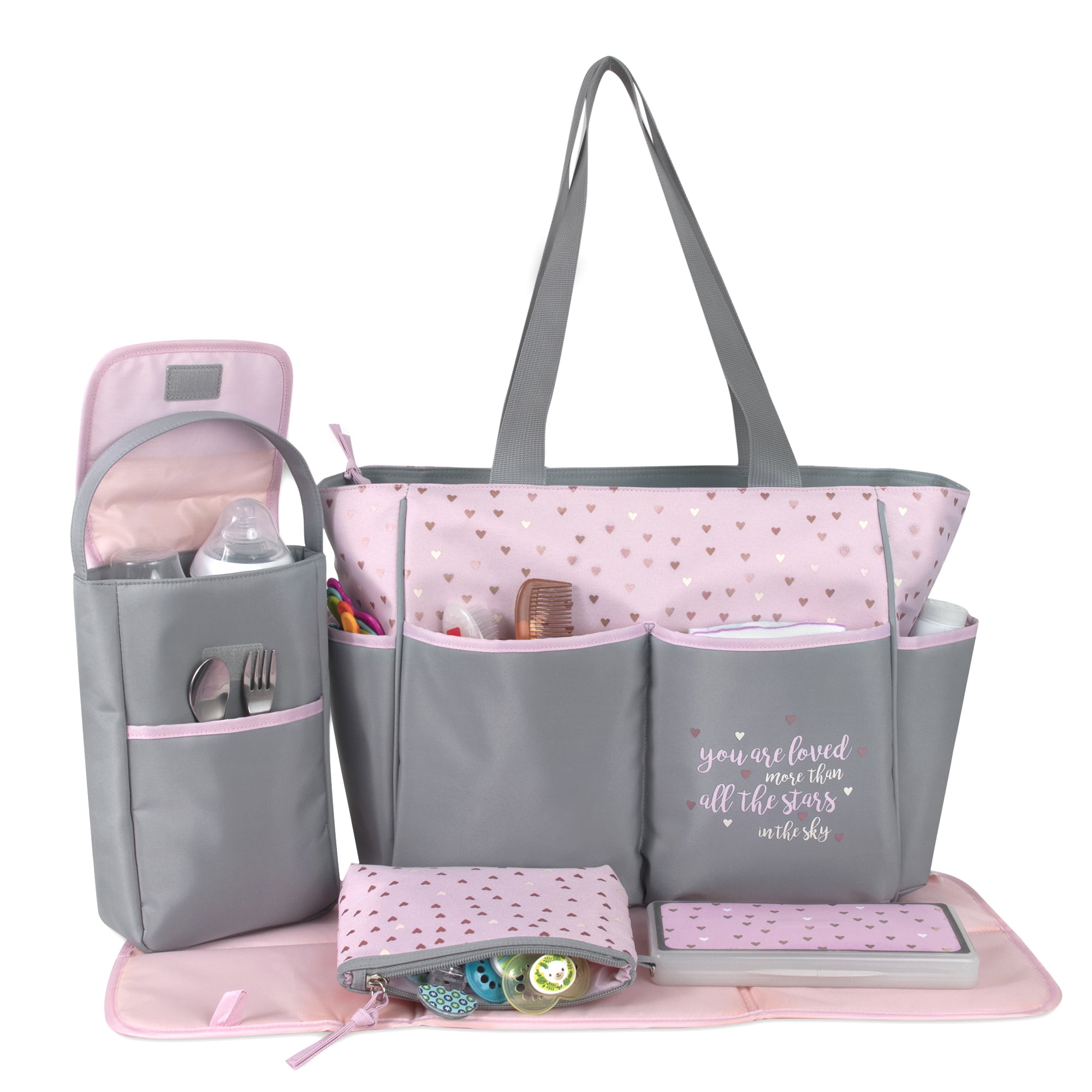 Baby Essentials Stars 5-Piece Diaper Bag Set - pink/gray, one size