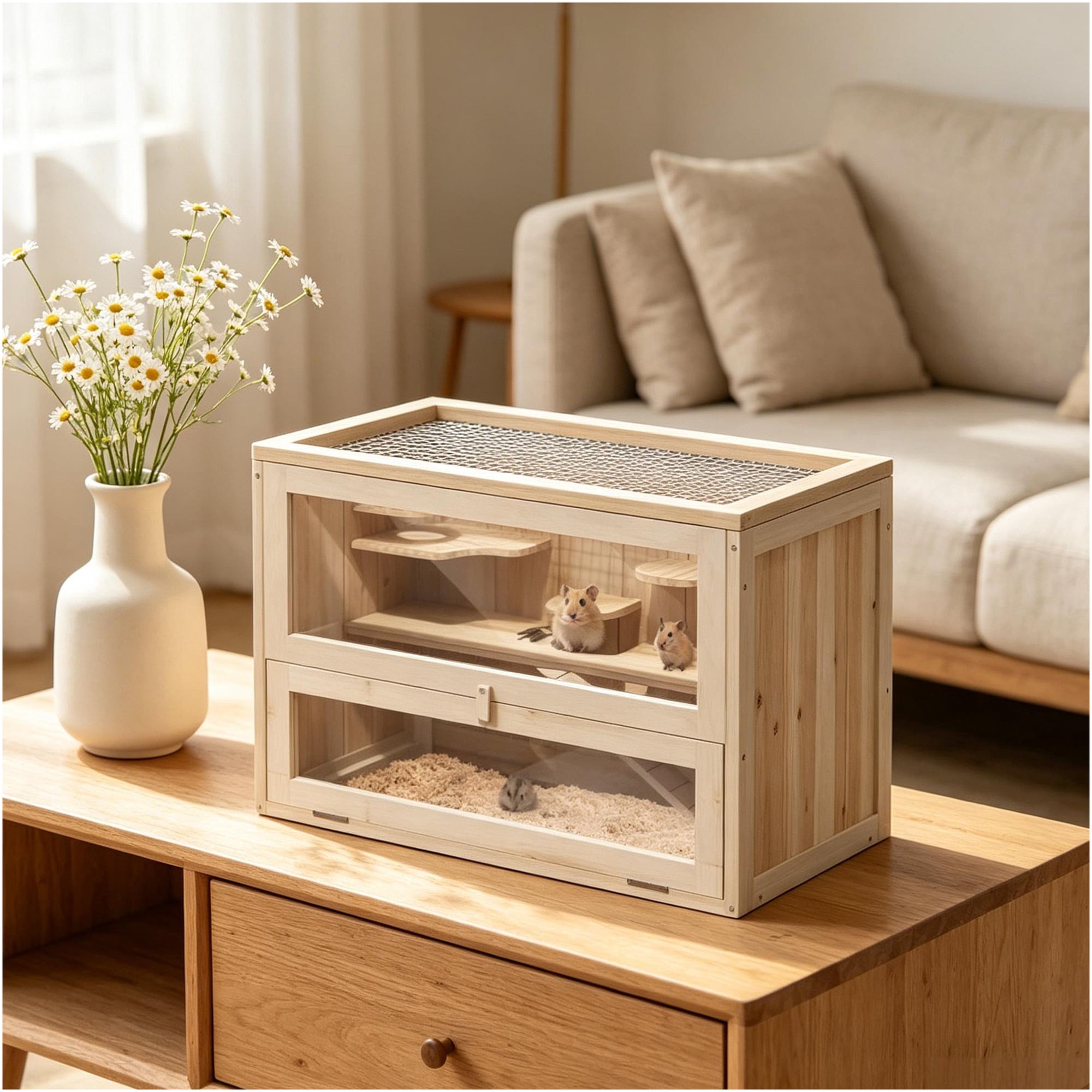 JERFIT Wooden Small Animal Cage for Guinea Pigs, Hamsters, Mice, Gerbils – 2 Tier Habitat with Platforms, Ramp & Ventilated Mesh Roof, Natural Wood Finish