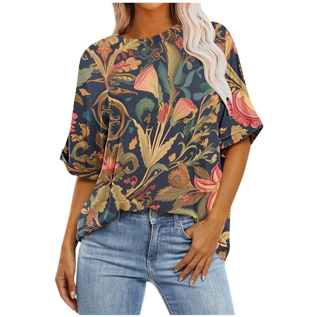 Pisexur Hauts pour Femmes Mode Décontractée Manches Courtes Col Rond T-Shirts Confortables Amples Imprimé Floral Blouses Printemps Été Hauts Élégants Imprimés Graphiques Grandes Tailles Tops de Sortie S-5TG