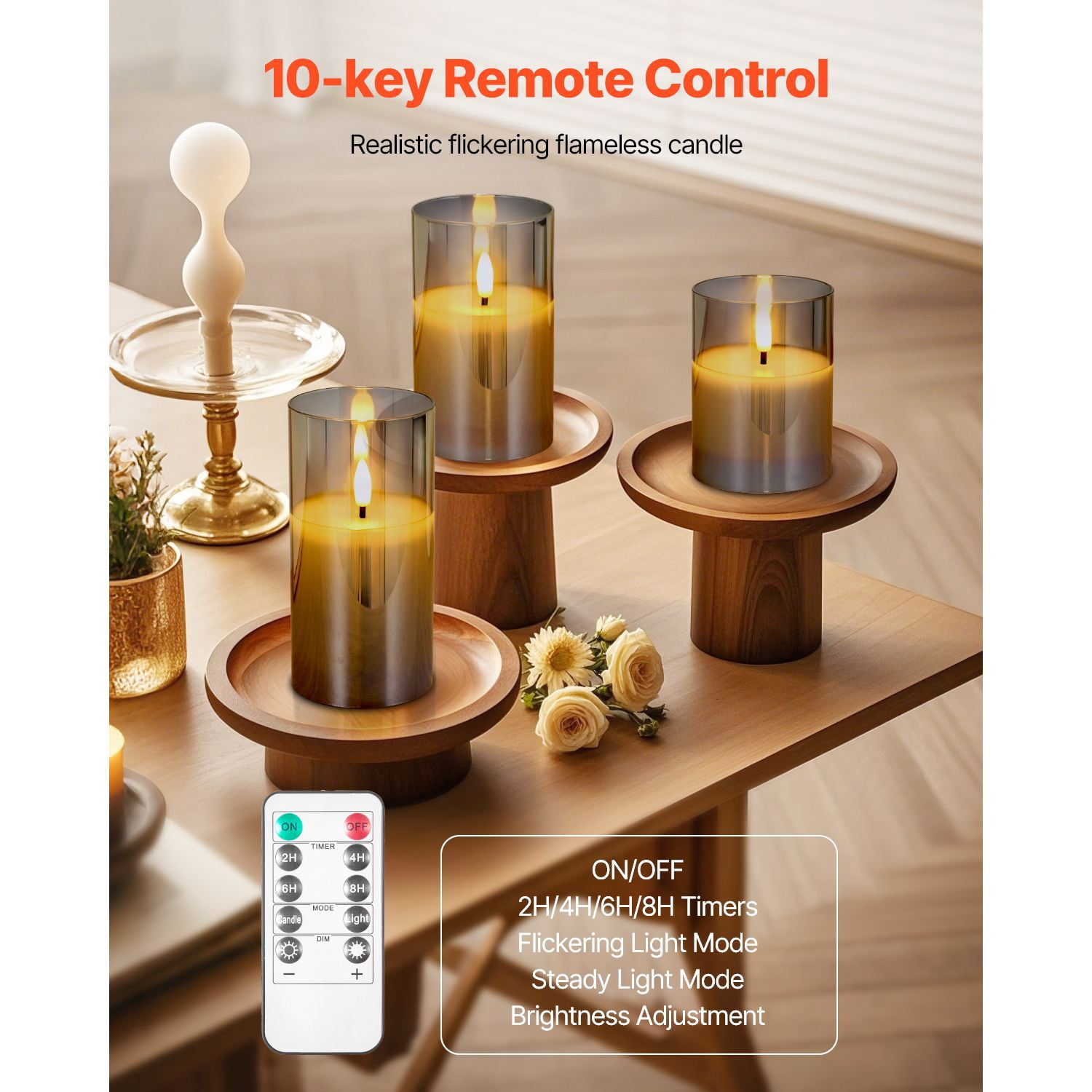 Flameless LED Candles with 10-Key Remote Timer, 2/4/6/8 Hour Timer Flickering Steady Modes, 500-Hour Battery Pillar Candles for Home Decor