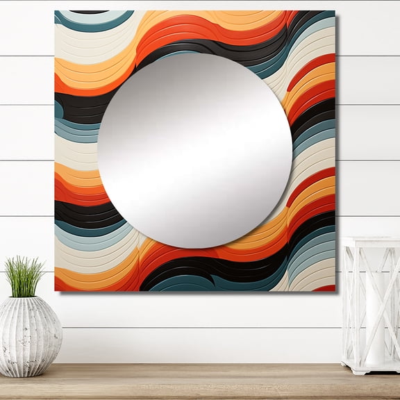 Designart "Optical Illusions Mid Century Magic in Orange III" Abstract Square Mirror For Wall Decor - Large Orange Square Mirror Printed Wall Decor - Mid-Century Square Living Room Mirror