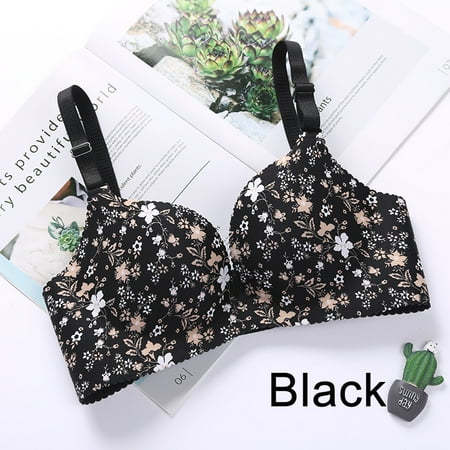 

Floral Push Up Seamless Bra Sexy Lingerie Flower Print Gathered Bras One-Piece Underwear Black 38 B