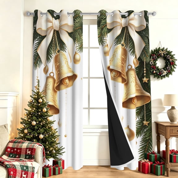 Nanqianyi Golden Bell Bow Christmas Blackout Curtains For Bedroom Living Room,Thermal Insulated Grommet Drapes,2 Panels,42x63 Inch