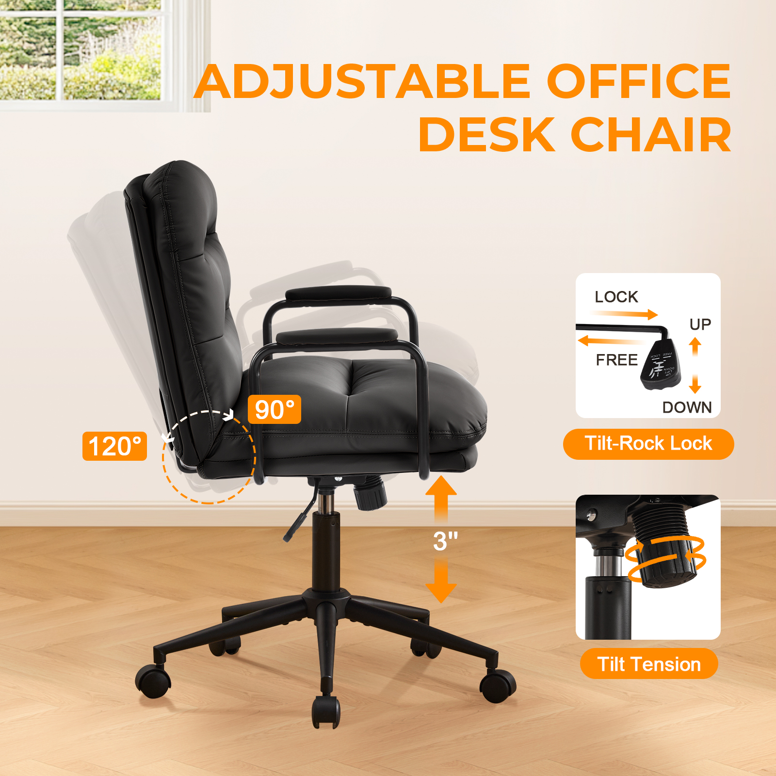 Falvinoryn Modern Office Chair, High Back Ergonomic Task Chair with Padded Armrests and Double Cushion, Swivel Home Office Desk Chair, Faux Leather Executive Armchair for Home, Bedroom (Black)