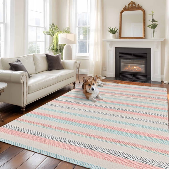 5'x8' Area Rugs, Pink Blue Gray Indoor Outdoor Area Rug for Living Room Bedroom, Beige Vintage Simple Abstract Stripes Washable Bathroom Rugs Kitchen Floor Carpet Mats Home Decor Aesthetic