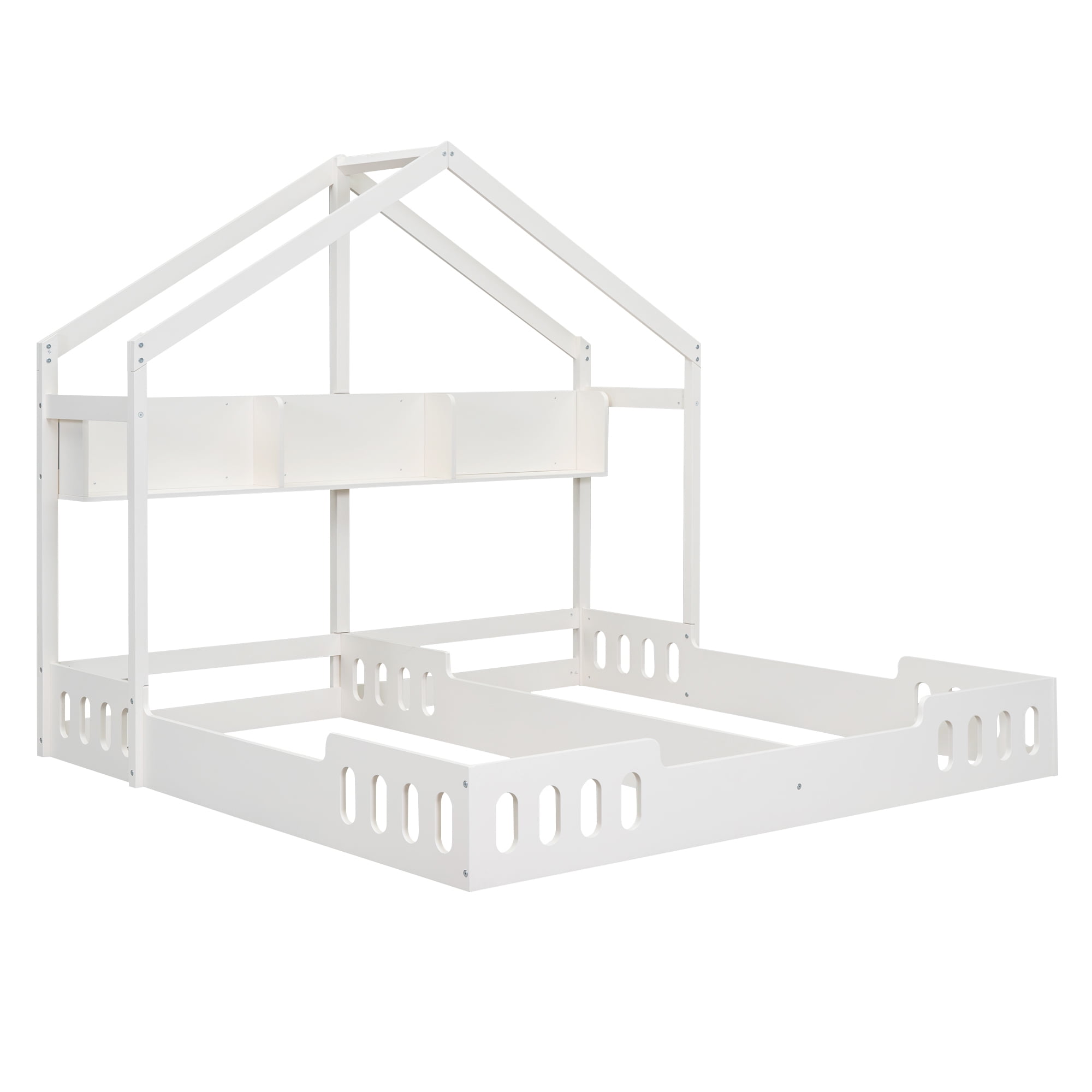 Euroco Wood Twin Size House Bed with Shelf, 2 Platform Beds with Storage, Creamy White