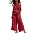 thumbnail image 2 of Muscularfit 2 Piece Summer Sets for Women Vacation Sets Palazzo Womens Linen Set Crew Neck Wide-Leg Red Full Length Sleeveless 2pc Sets for Women Outfit,S, 2 of 5