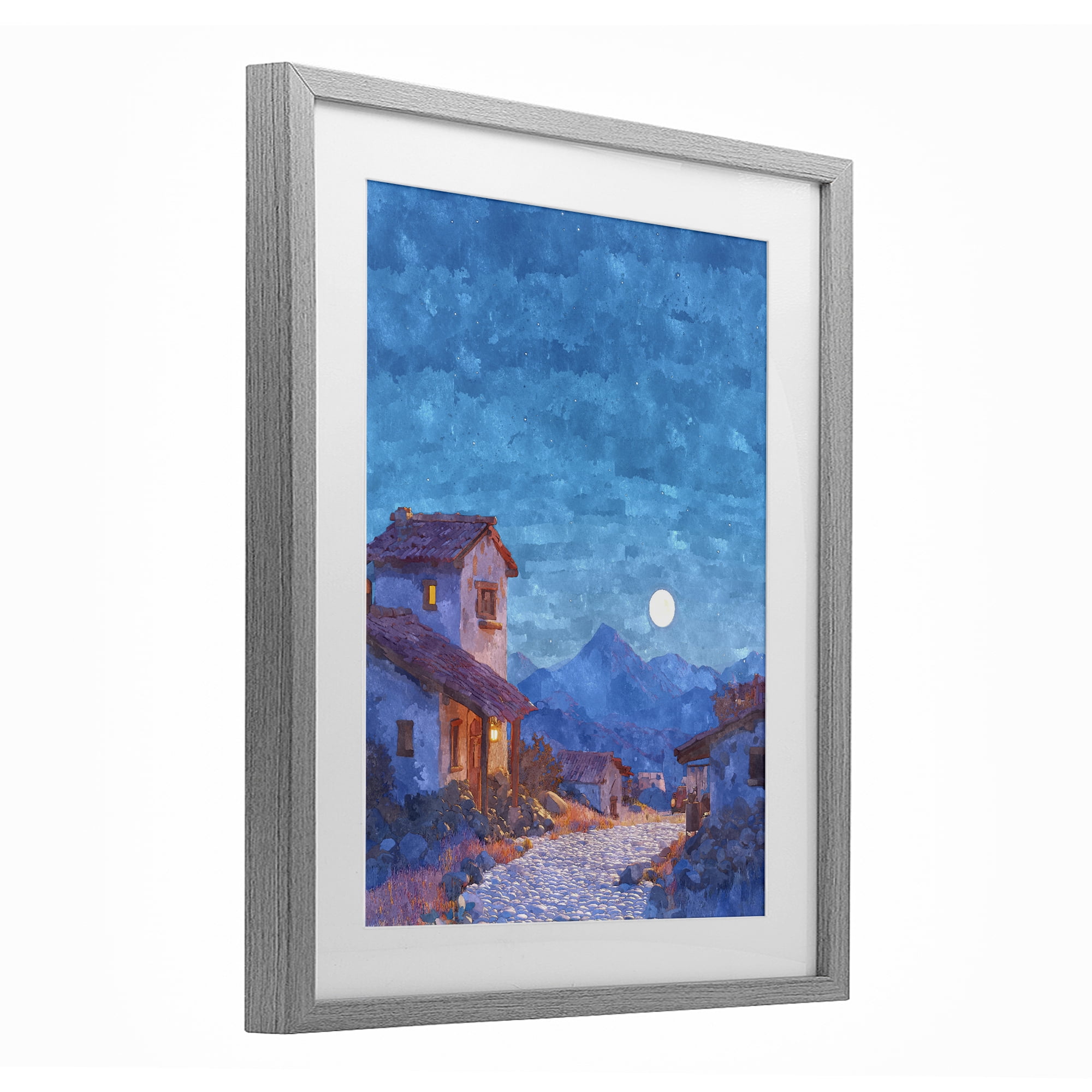 Moon over Quiet Town Gray Framed Print Under Glass, design by Ziwei Li