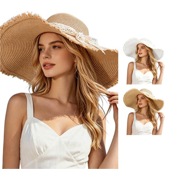 Unir Wide Brim Sun Hat with Lace Bow for Women, Frayed Edge Paper Straw, Lightweight Summer Casual Hat, 1 Piece, One Size