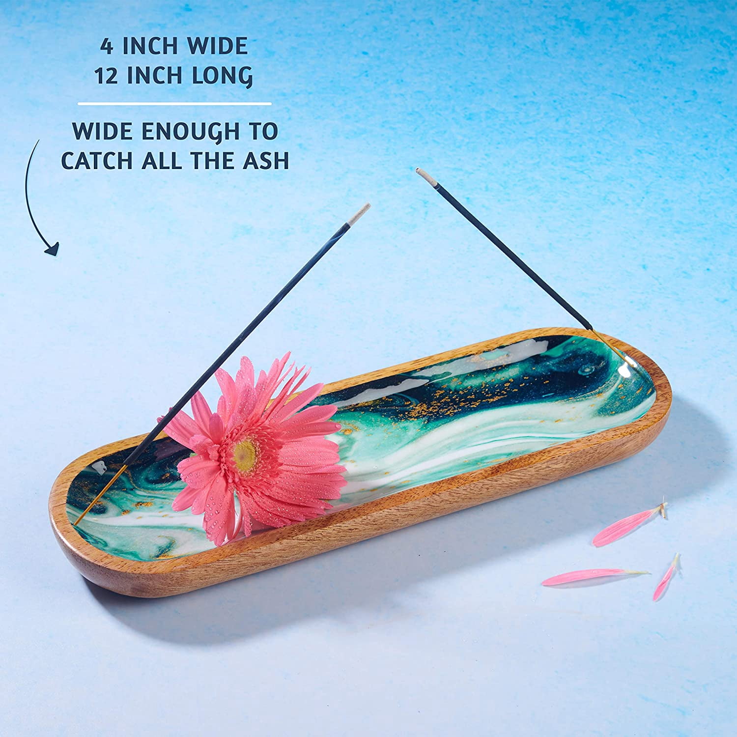 Folkulture Incense Holder or Insence Burner Holder, 12 inch Long, Green Agate, Mango Wood Ash Catcher