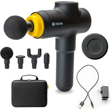 iHome Massage Gun Deep Tissue Massager, Back, Neck, Foot Massager for Stress Relief, Neck and Back Pain, Handheld Percussion Massager Includes 4 Attachment Heads, for Athletes, Gym or Home Use