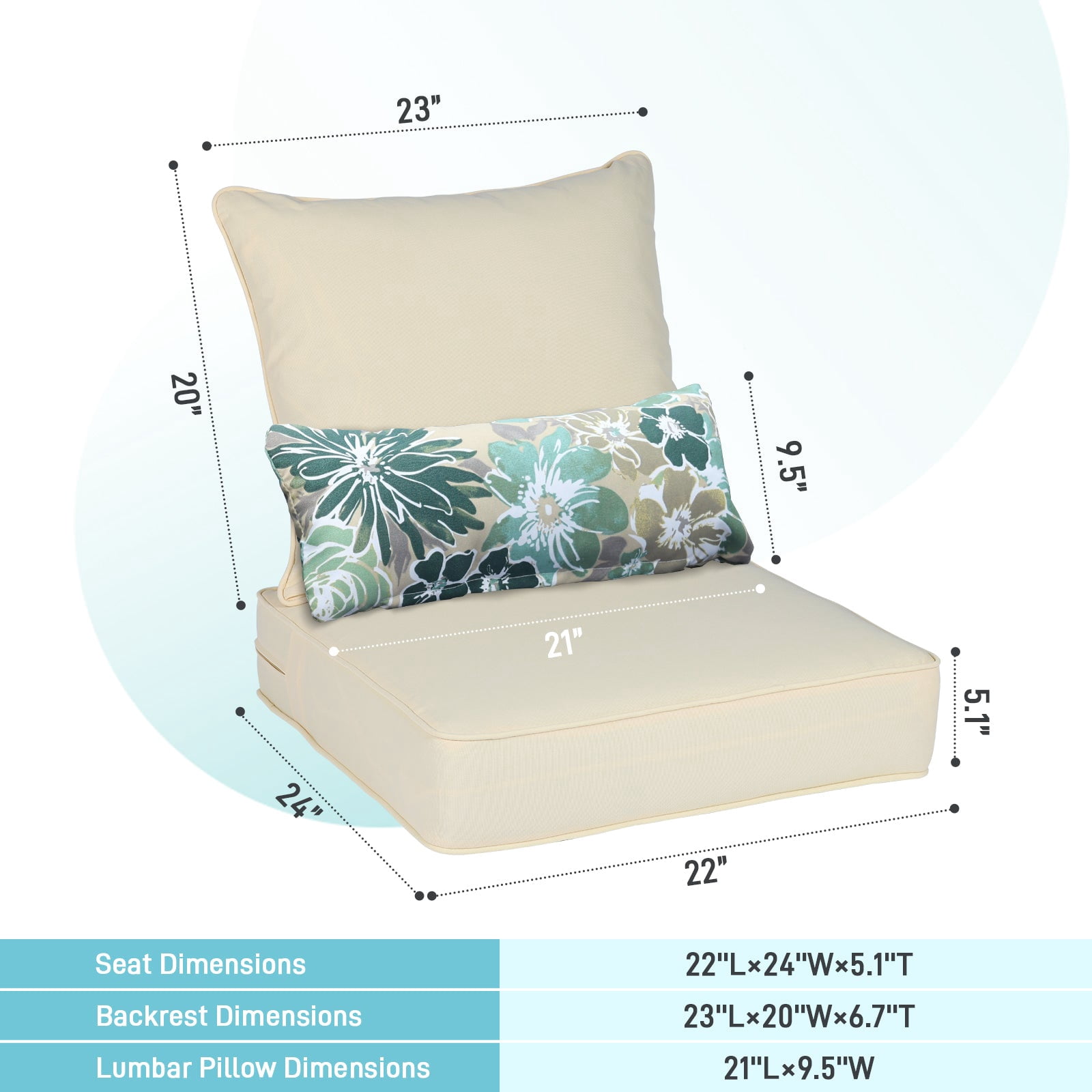 Aoodor 22" x 24" Patio Chair Cushions Set, Memory Foam Outdoor Deep Seat Cushions (1 Seat, 1 Back, 1 Lumbar Pillow) - Cream Yellow