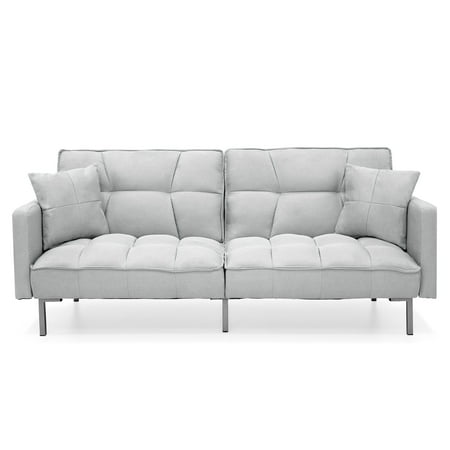 Best Choice Products Convertible Futon Linen Tufted Split Back Couch w/ Pillows - Light Sea Foam