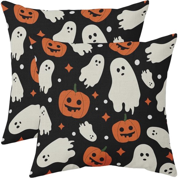 Halloween Pillow Covers 16x16 Set of 2 Cute Ghost Pumpkin Print Outdoor Decorative Throw Pillows Halloween Scary Themed Farmhouse Pillowcases Linen Cushion Case Decor for Home Sofa Couch Bed