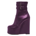 thumbnail image 2 of FSJ Women Fashion Round Closed Toe Ankle Boots Platform Wedge High Heel Punk Booties Buckled Strappy Side Zipper Party Shoes Size 4 Purple, 2 of 4