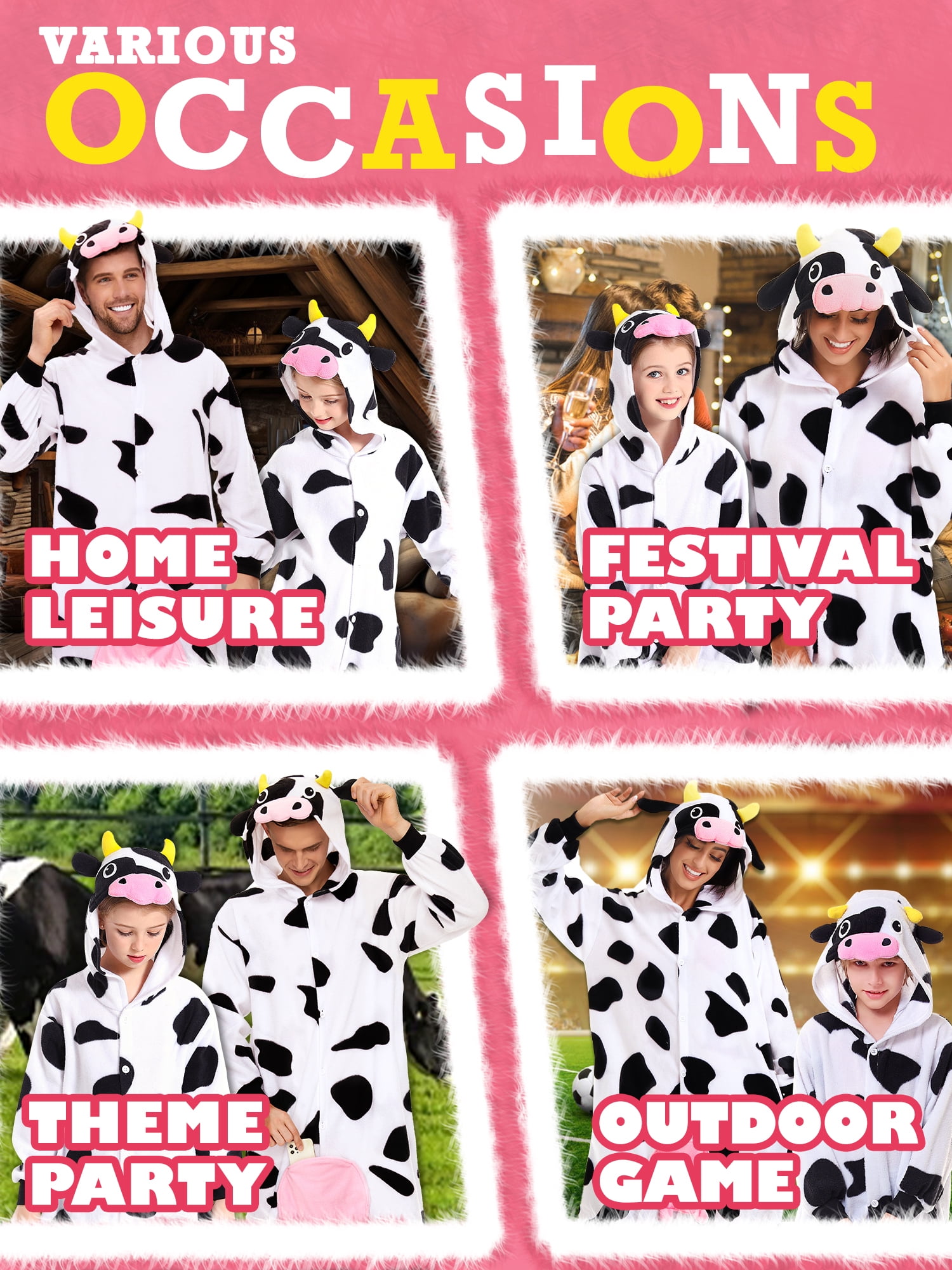 Cow Onesie Adults Unisex Animal Pajama Polyester One-Piece Sleepwear for Women and Men Medium