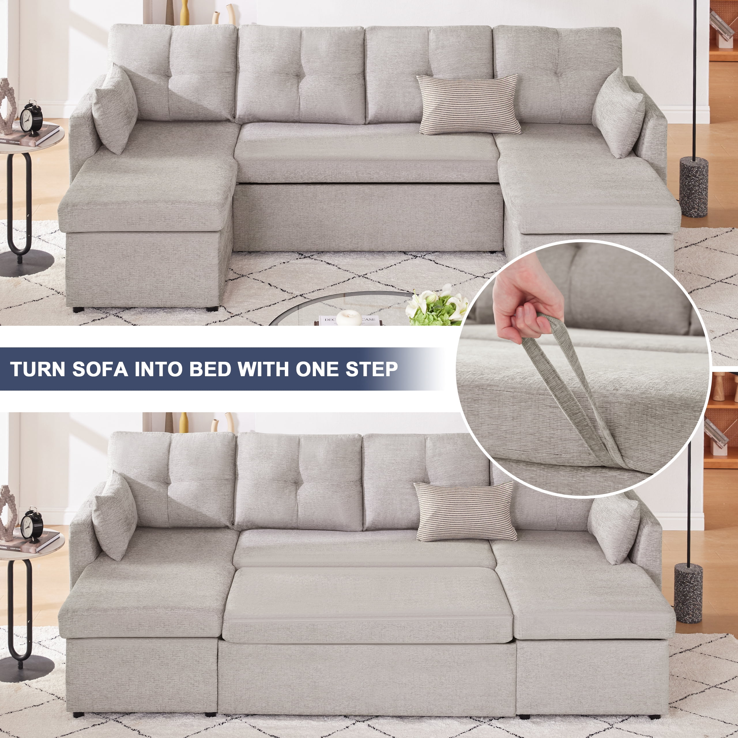 Weture Sectional Sleeper  Sofa, 2 in 1 Pullout Bed with Storage Chaise and Pillows, Side Pocket, LightGray