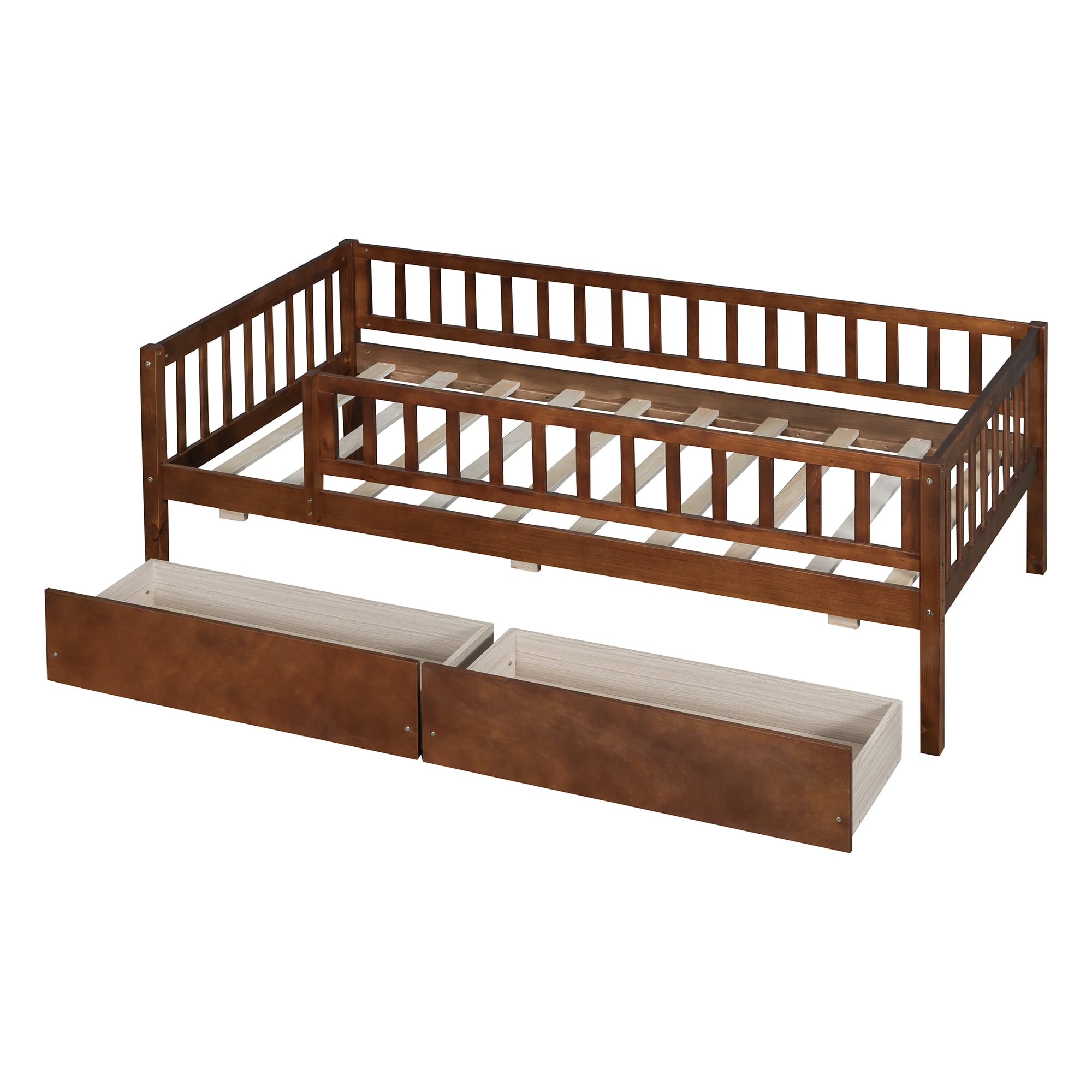 Bellemave Twin Daybed with Storage and Fence, Wooden Twin Size Platform Bed with Rails and 2 Drawers, Low Loft Bed Frame for Bedroom (Walnut)