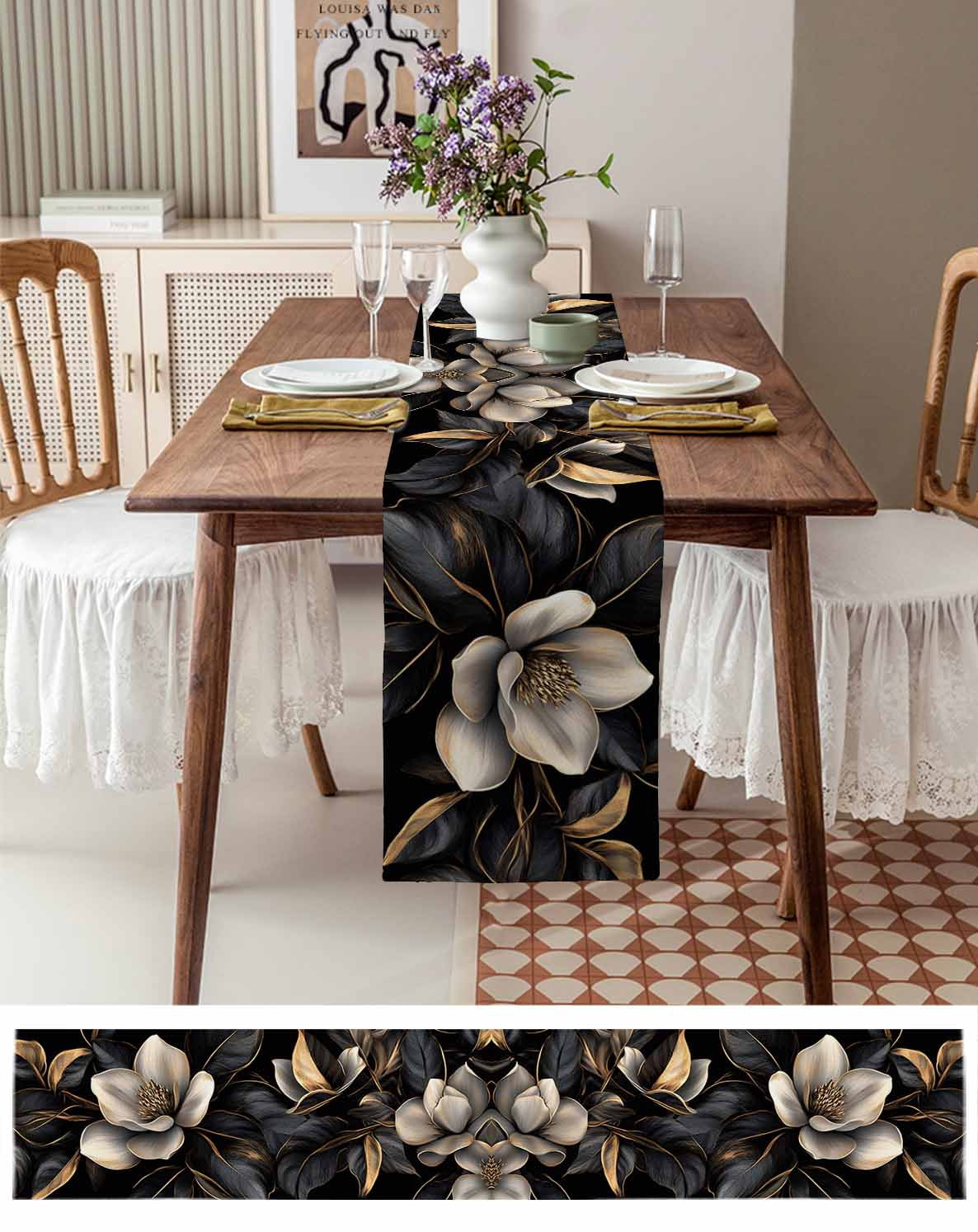 Black Gold Flower Table Runner Gradient Luxurious Floral Botanical Tablerunners 13 x 90 Inch, Table Decorations Tabletop Scarf for Summer Gathering Holiday Farmhouse Kitchen Dining Decor