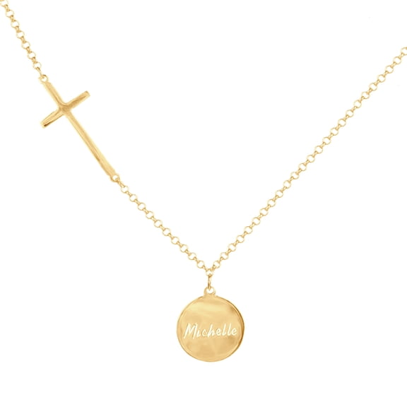Personalized Disc Pendant Name Necklace w/ Cross in 14K Gold-Plated Sterling Silver
