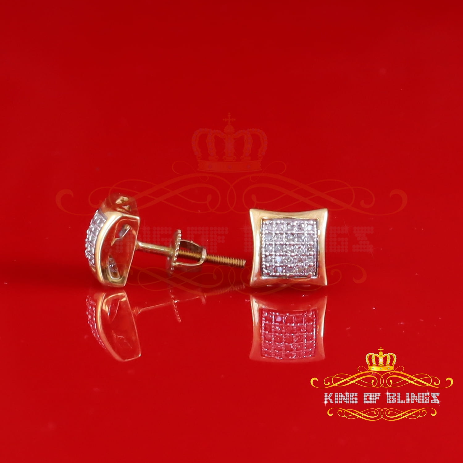 King of Bling's Real 0.15ct Gold Diamond 10K Yellow Square Stud Earrings For Women And Men