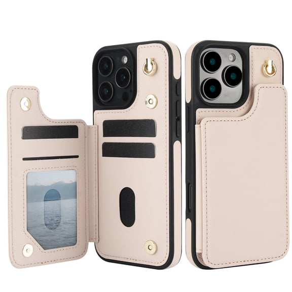 For iPhone 16e Crossbody Wallet Phone Case,With Shoulder Strap,Card Slots,Back Double Magnetic Clasp PU Leather Flip Kickstand,Durable Shockproof Anti-fall Phone Case Cover,Apricot