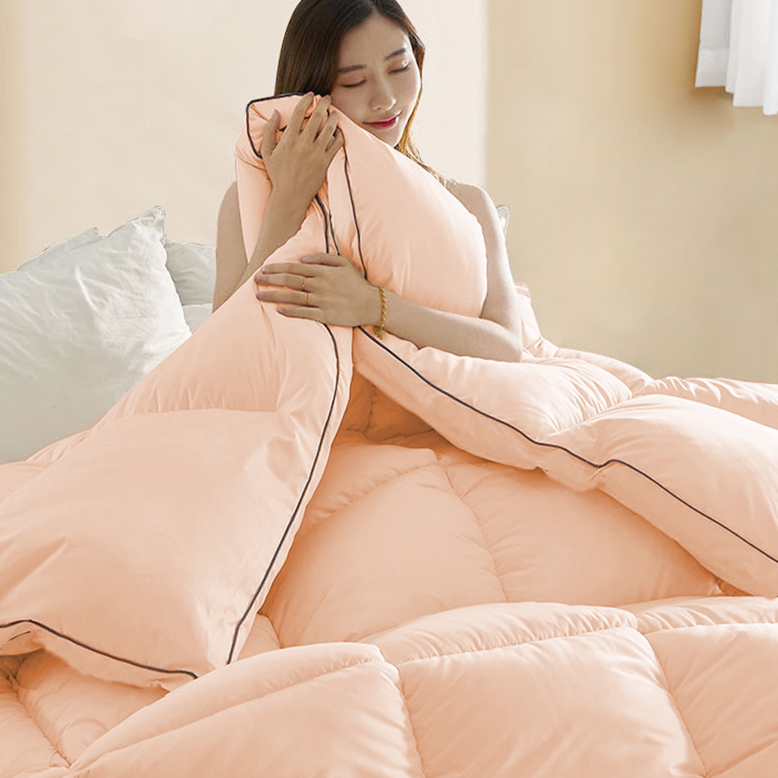 SLYNSHome Queen Comforter 59x78.7 inch,Lightweight Cotton Quilt Warm Solid Color Soft Comforter Easy Care Washable Quilt for Home Winter Fall Decoration (Pink)
