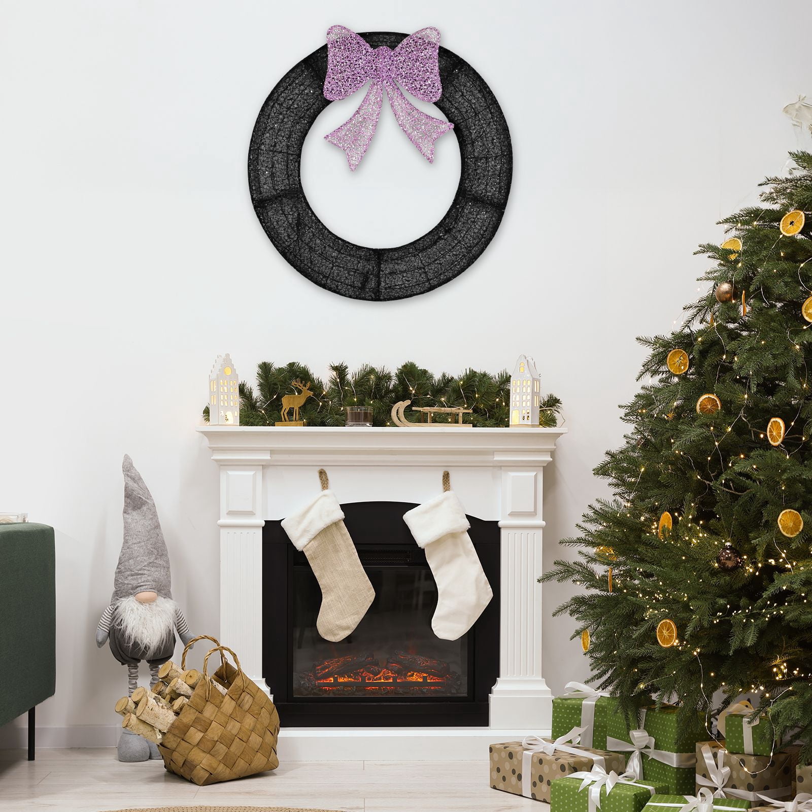 36in Pre-lit Outdoor Christmas Wreath Decoration, Lighted Metal Wreath with Purple Bow, Remote Control LED Lights with Timer, for Front Door Gate Wall Indoor Outdoor Holiday Party