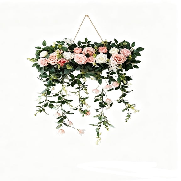 JHyouerji Artificial Rose Front Door Swag Wreath 24x10x1 Inch Pink All Season Farmhouse Hanging Floral Decor for Wedding Holiday