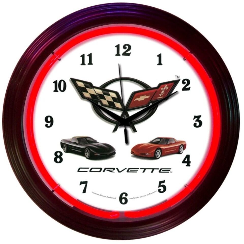 CORVETTE C 5 Genuine Neon 15 Wall Clock Glass Face Chrome Finish US Warranty New