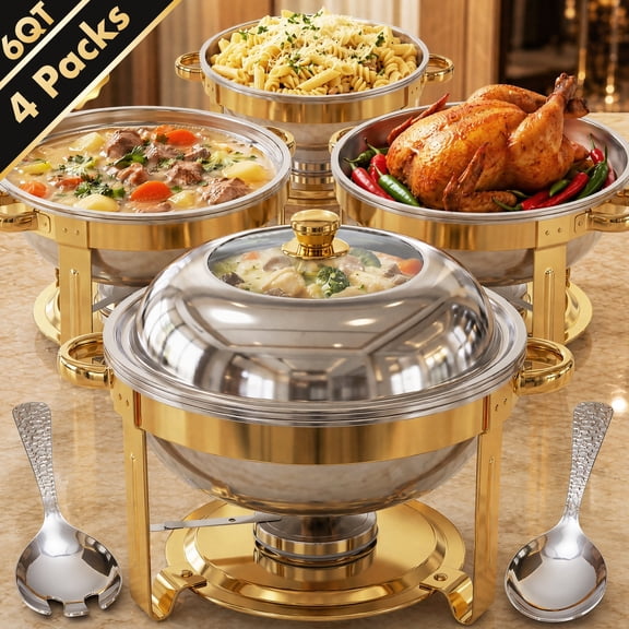 Vipuse Chafing Dishes for Buffet, 4 Pack 6QT Round Stainless Steel Chafing Dish Set for Home Parties, Christmas Gatherings, Catering Events Complete Buffet Warmer Set, Golden