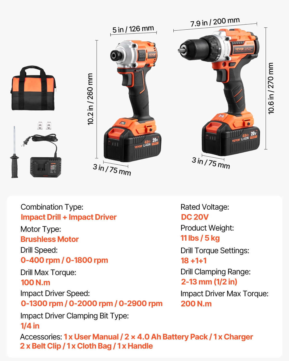 VEVOR Tool Combo Kit, 20V Max Cordless&nbsp;2-Tool Combo Kit, with 1/2 in Impact Drill, 1/4 in Impact Driver, Compact Cordless Power Tool Combo Kit with 4.0 Ah Batteries