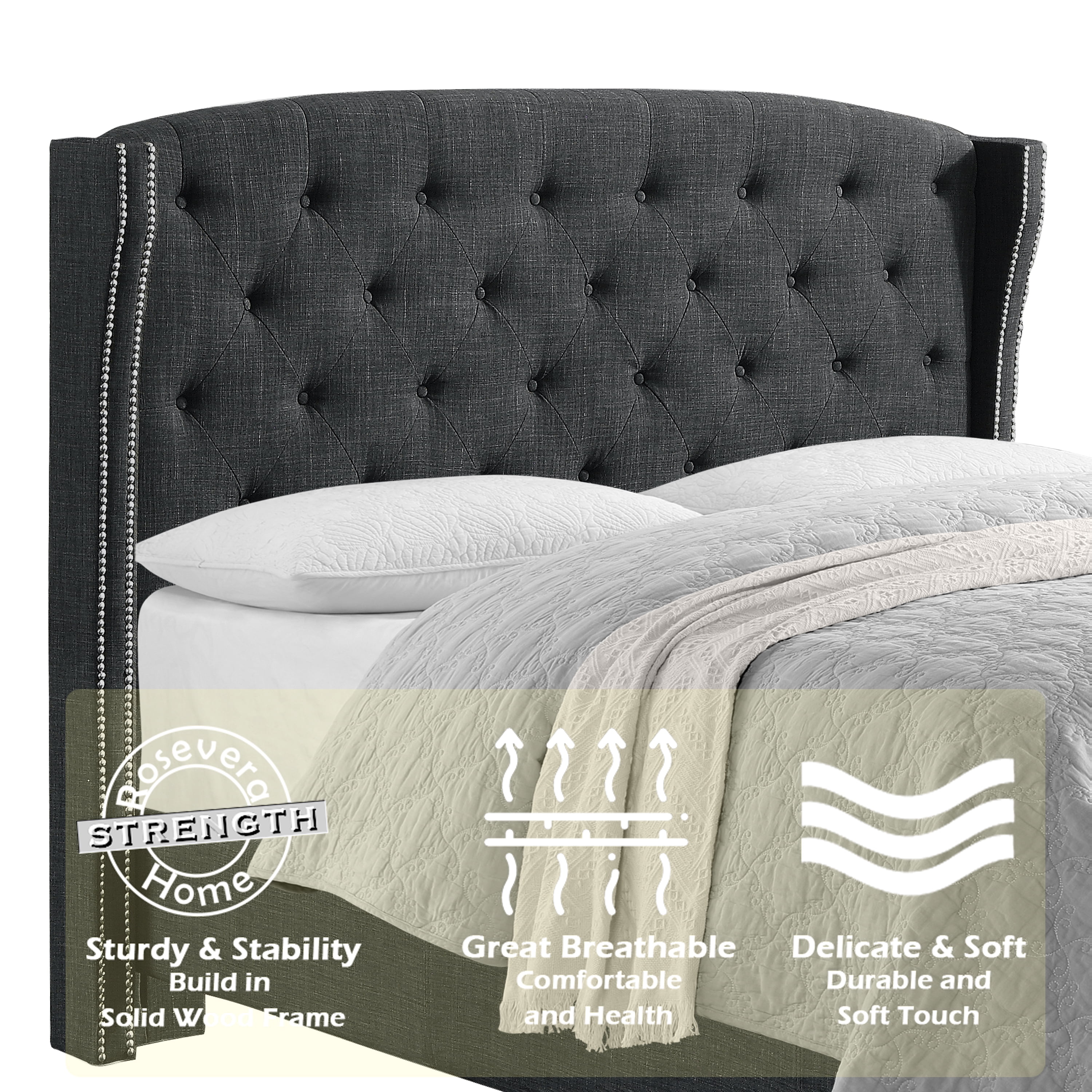 Gewnee Full Size Upholstered Platform Bed Frame with Adjustable Wingback Headboard,Button Tufted and Nailhead Trim,Box Spring Required.Dark Grey