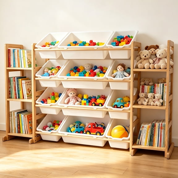 Toy Storage Organizer with 6 Shelves and 12 Bins, 52.3 Inch Wide Kids Bookshelf and Toy Organizer, Wooden Bookcase with Storage Bins for Playroom, Bedroom, Nursery and Room Decor, White
