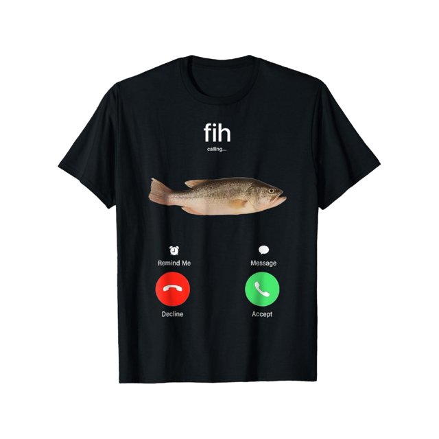 Fih Calling Remind Me Message Decline Accept Phone Tshirt Call Fish Shortsleeve Crewneck T-Shirt Menswear Top Classic Hem Black Streetwear