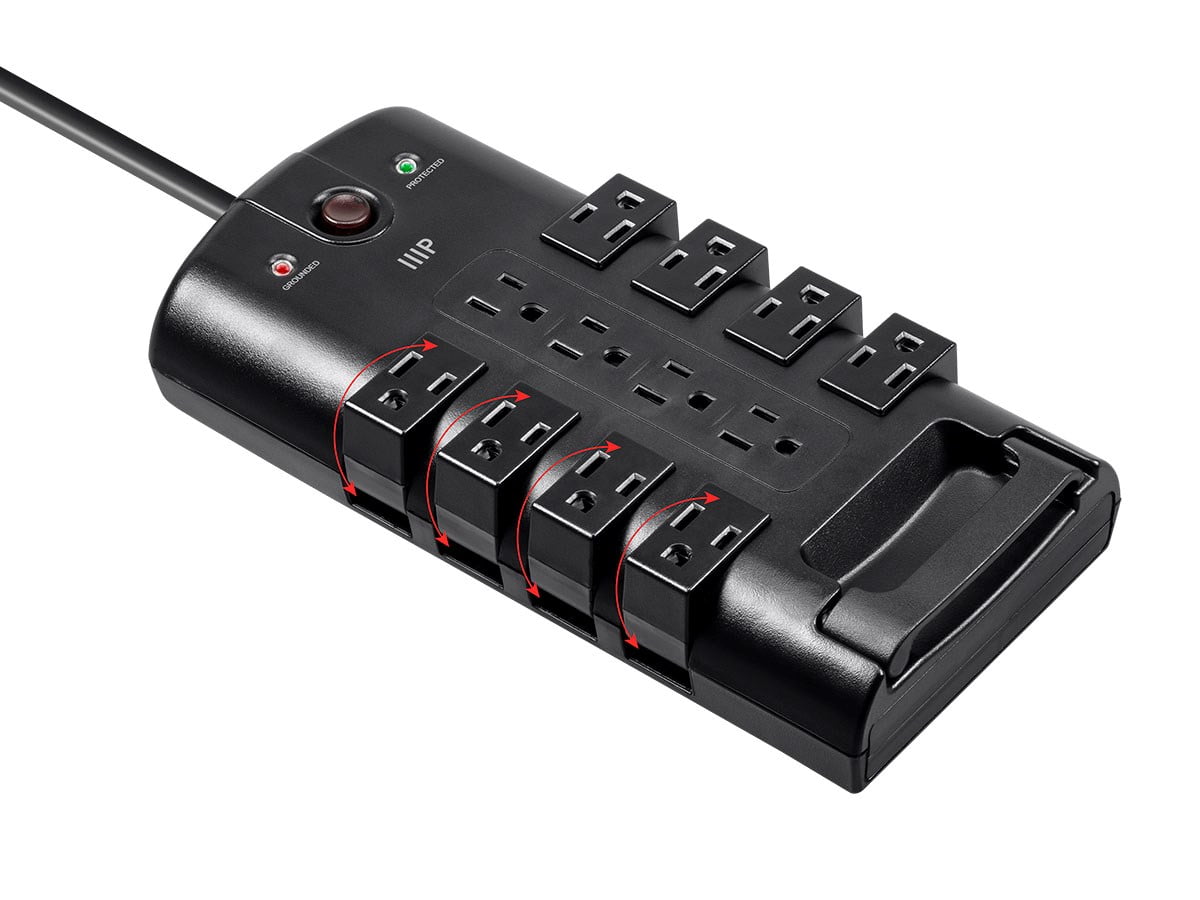 Monoprice 12 Outlet Rotating Surge Protector Power Block / Strip - 10 Feet - Black | Heavy Duty Cord | UL Rated, 4,320 Joules With Grounded And Protected Light Indicator